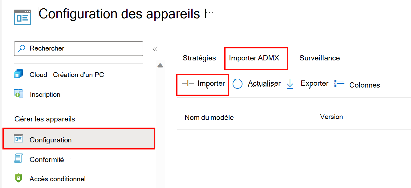 Capture d’écran montrant comment ajouter ou importer des ADMX et ADML personnalisés. Accédez à Appareils > Profils > de configuration Importer ADMX dans Microsoft Intune et centre d’administration Intune.