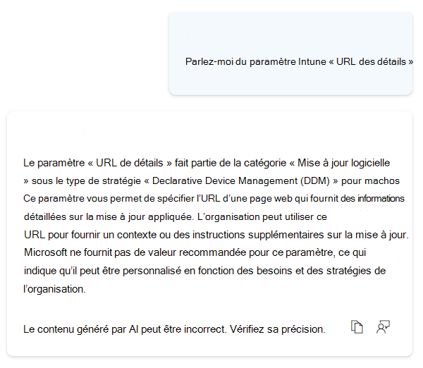 Capture d’écran montrant Copilot donnant des informations plus détaillées sur n’importe quel paramètre dans le catalogue de paramètres dans Microsoft Intune et le Centre d’administration Intune.