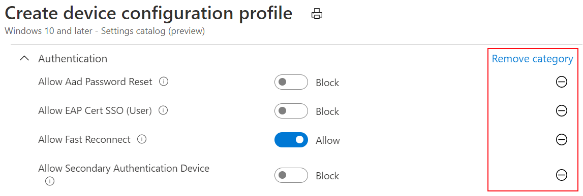 Capture d’écran montrant le catalogue de paramètres et montrant que les valeurs par défaut dans Microsoft Intune et le Centre d’administration Intune sont identiques aux valeurs par défaut du système d’exploitation.