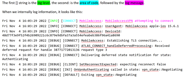 Capture d’écran montrant un exemple de sortie de journal Microsoft Tunnel dans Xcode sur un appareil macOS.