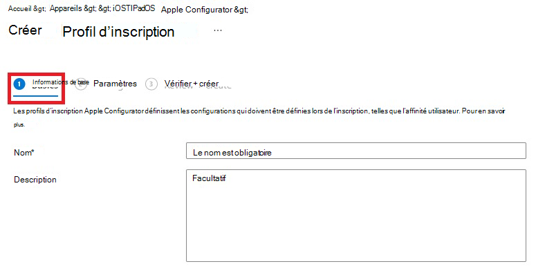 Capture d’écran du volet de création de profil d’inscription, avec sélection de l’onglet Informations de base.