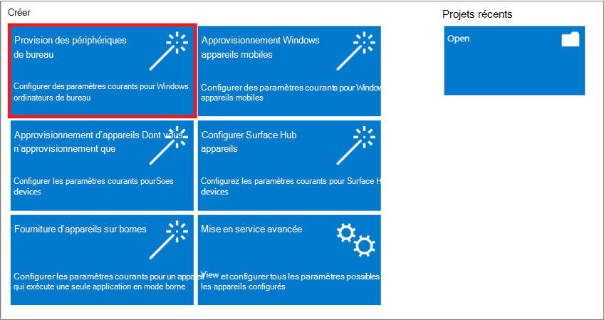 Capture d’écran de la sélection de l’option Provisionner des appareils de bureau dans l’application Windows Configuration Designer