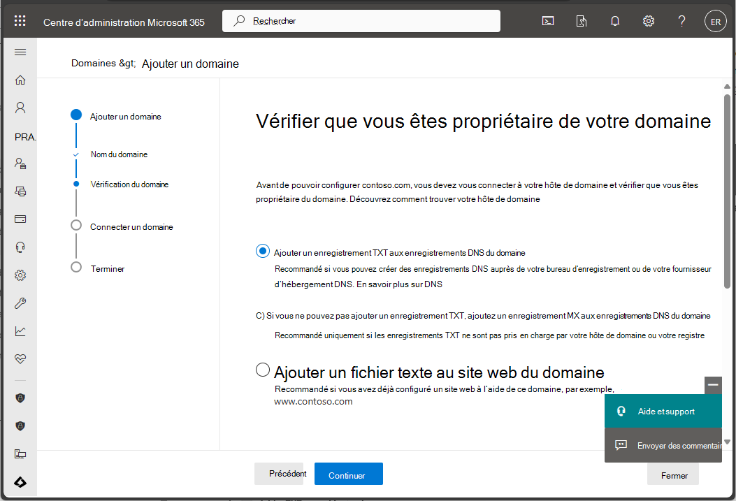 Capture d’écran du Centre d’administration Microsoft 365 -Vérifier le domaine