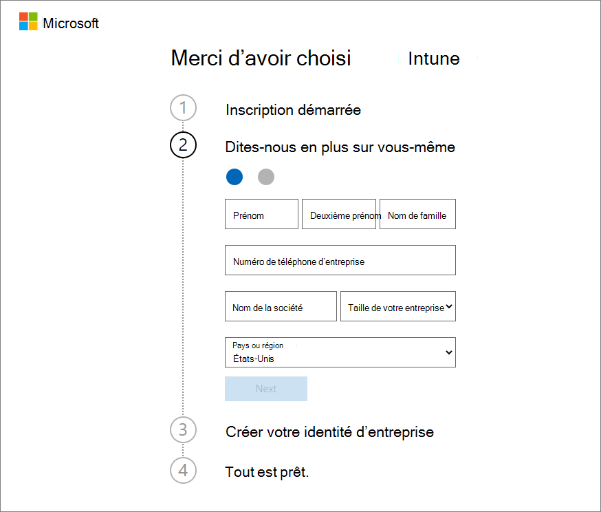 Capture d’écran de l’ajout des détails du compte dans la page de configuration d’un compte Microsoft Intune