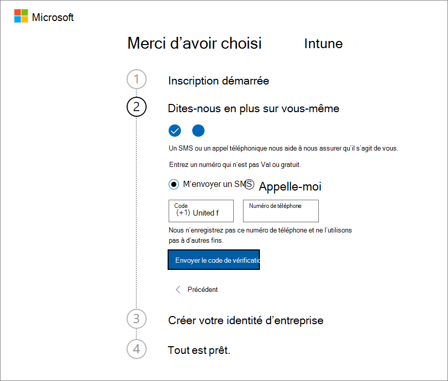 Capture d’écran de l’envoi du code de vérification dans la page de configuration d’un compte Microsoft Intune