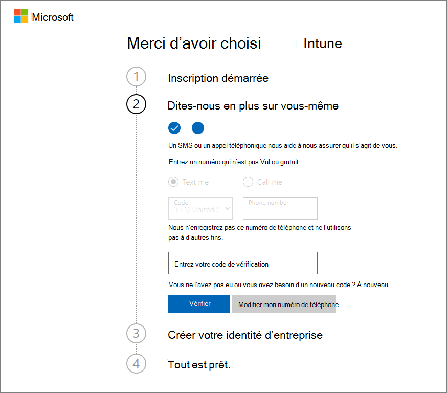 Capture d’écran de la vérification du code dans la page de configuration d’un compte Microsoft Intune