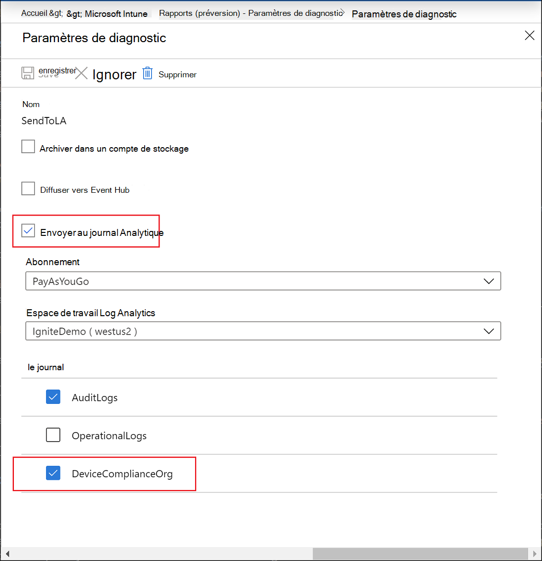 Rapports Intune - Paramètres de diagnostic