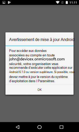 Image de la boîte de dialogue d’avertissement de mise à jour Android