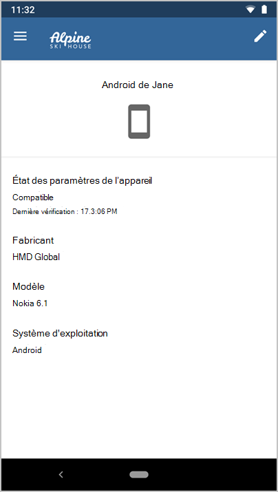 Capture d’écran de l’application Microsoft Intune montrant les détails de l’appareil Android de Jane.