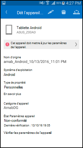 La capture d’écran montre le texte de l’application Portail d’entreprise pour Android après la mise à jour, écran Détails de l’appareil.