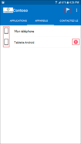 La capture d’écran montre l’application Portail d’entreprise pour Android, écran APPAREILS.