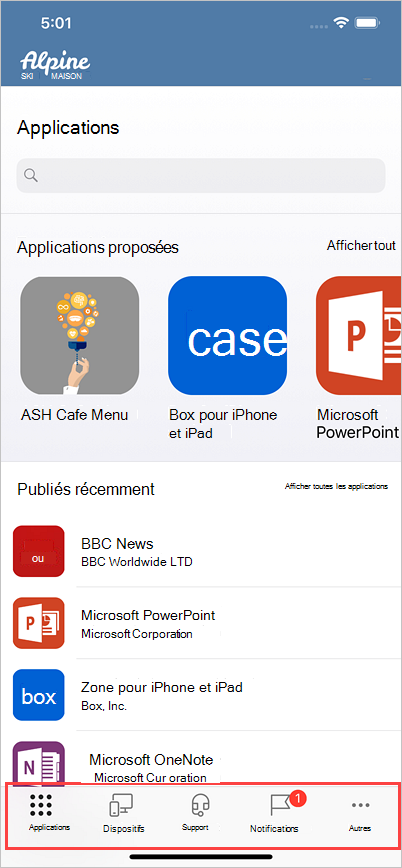 Image de Portail d’entreprise pour iOS/iPad, en mettant en surbrillance les icônes mises à jour dans le menu inférieur.