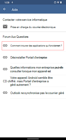 Capture d’écran de Portail d'entreprise écran d’aide mettant en évidence le nouveau lien de documentation FAQ.