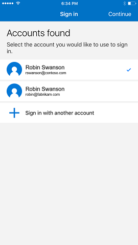 Image du sélecteur de compte, qui montre un utilisateur de test « Robin Swanson » choisissant entre l’une de ses deux adresses e-mail. Il existe un bouton sous les deux adresses qui permet à l’utilisateur de se connecter avec un autre compte.