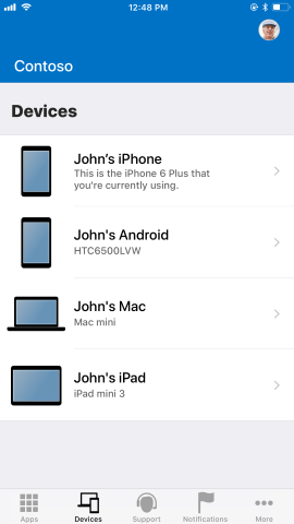 La capture d’écran montre l’application Portail d’entreprise pour iOS/iPadOS après la mise à jour, Mes appareils.