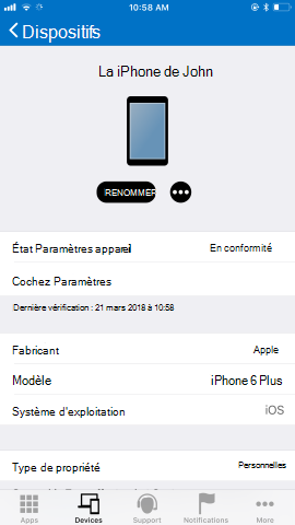 La capture d’écran montre l’application Portail d’entreprise pour iOS/iPadOS après la mise à jour, Appareils.