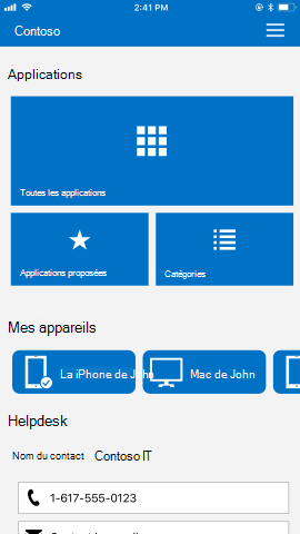 La capture d’écran montre l’application Portail d’entreprise pour iOS/iPadOS avant la mise à jour, Applications et Mes appareils.