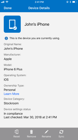 La capture d’écran montre l’application Portail d’entreprise pour iOS/iPadOS avant la mise à jour, Détails de l’appareil.