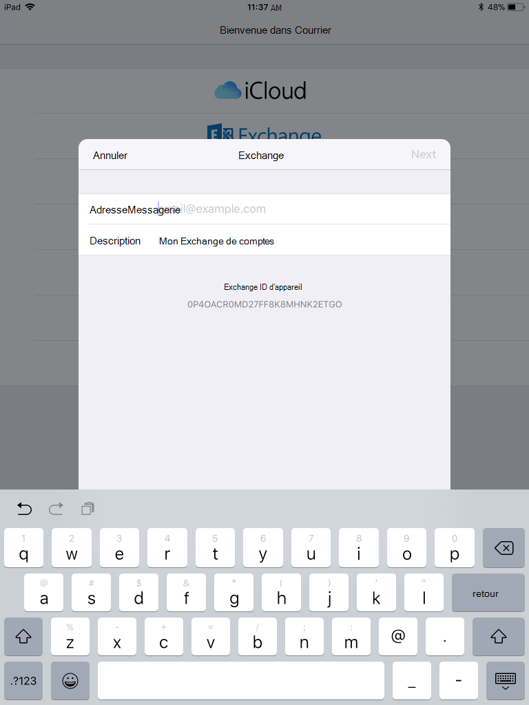 Une fois que vous avez sélectionné Exchange, l’appareil iOS vous invite à fournir le nom du compte et l’adresse e-mail.