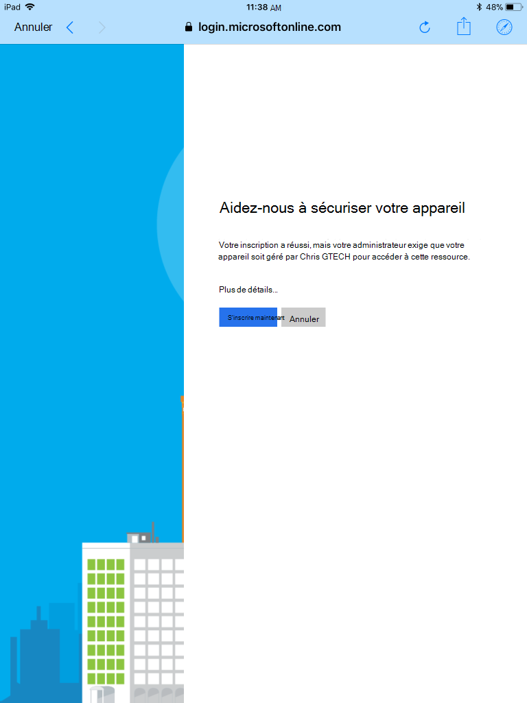 Microsoft invite l’utilisateur à inscrire l’appareil dans la gestion.
