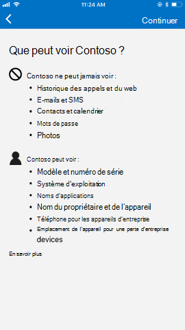 La capture d’écran montre l’application Portail d’entreprise pour iOS/iPadOS après la mise à jour, informations sur la confidentialité.