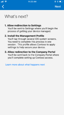 La capture d’écran montre l’application Portail d’entreprise pour iOS/iPadOS après la mise à jour, écran Prochaine étape.