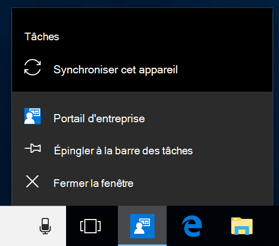 Capture d’écran de la barre des tâches Windows sur le bureau d’un appareil. Portail d'entreprise’icône du programme d’application a été cliquée pour afficher un menu avec les options « Épingler à la barre des tâches », « Fermer la fenêtre » et « Synchroniser cet appareil ».