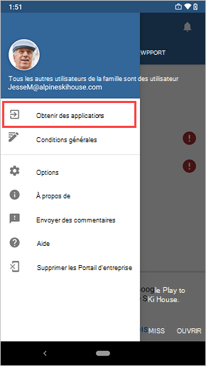 Exemple d’image du tiroir Portail d’entreprise à gauche, mettant en surbrillance l’option de menu Obtenir des applications.