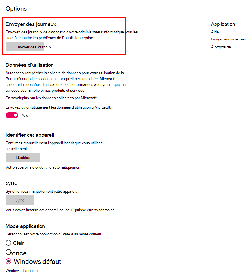La capture d’écran montre la page Paramètres dans l’application Portail d’entreprise pour Windows 10 après la mise à jour.