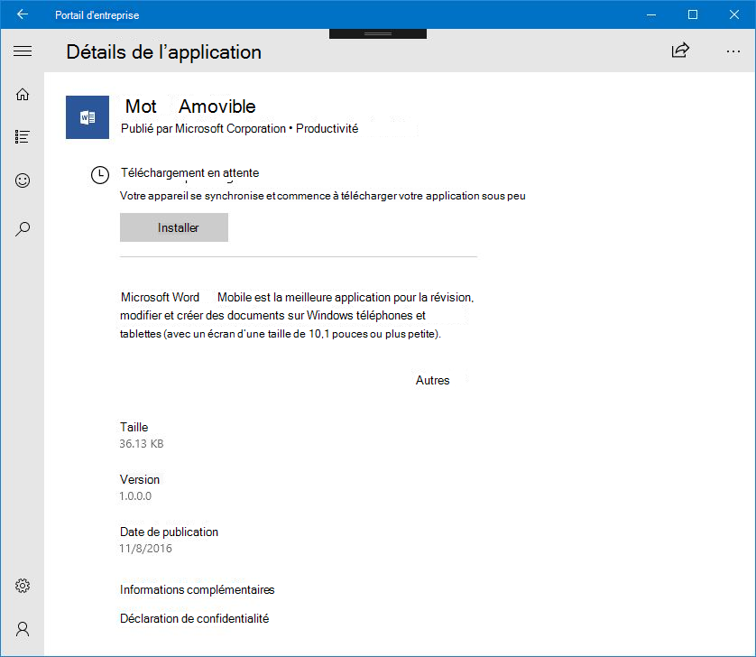 Image de l’application Portail d’entreprise Windows 10, avec le nouvel état de synchronisation automatique affichant un message d’état signalant que l’appareil est en cours de synchronisation et tente de télécharger l’application.