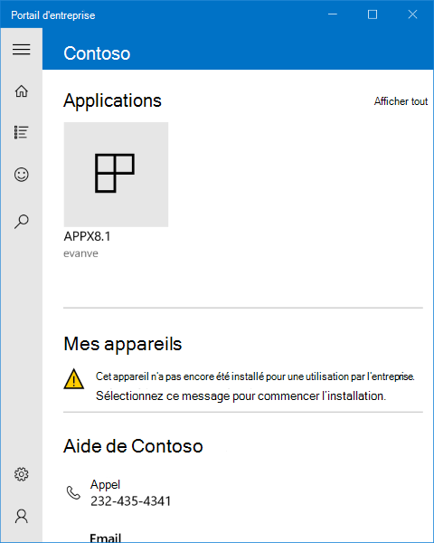 Image de la page de lancement de l’application Portail d’entreprise Windows 10, avec un message d’état au centre dans la liste « Appareils » qui signale à l’utilisateur que son appareil n’a pas encore été configuré pour une utilisation professionnelle, et qu’il doit sélectionner le message pour commencer l’installation.