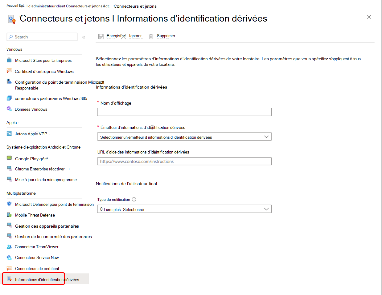 Configurez les informations d’identification dérivées dans le centre d’administration Microsoft Intune.