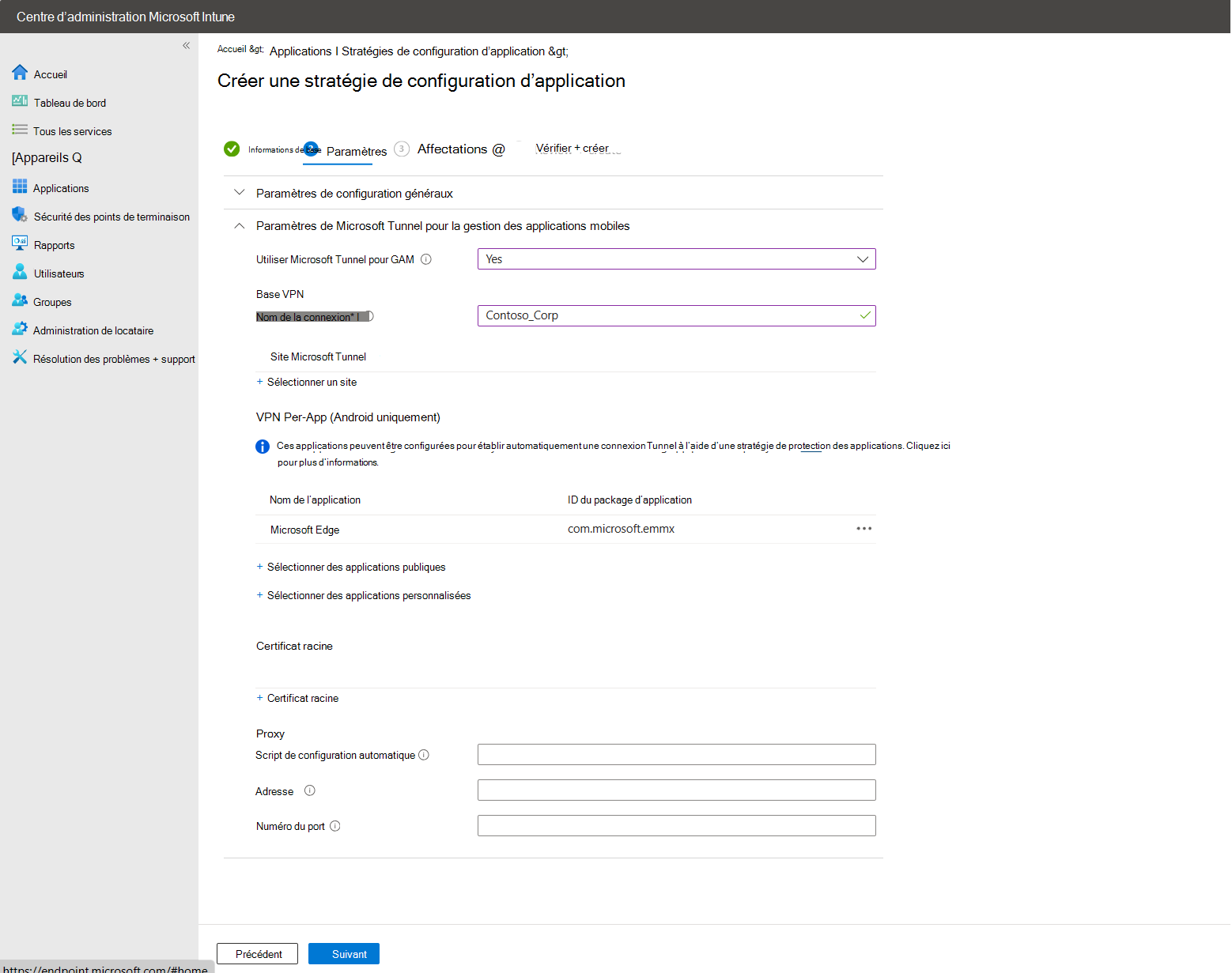 Screen shot of the per-app configuration configuration with Microsoft Edge added.