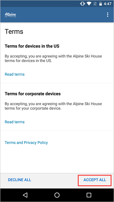 Exemple d’image de l’écran Portail d'entreprise, Conditions, mettant en surbrillance le bouton « Accepter tout ».