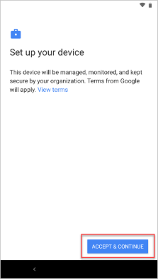 Exemple d’image de l’écran des conditions de Google, mettant en surbrillance le bouton Accepter & Continuer.