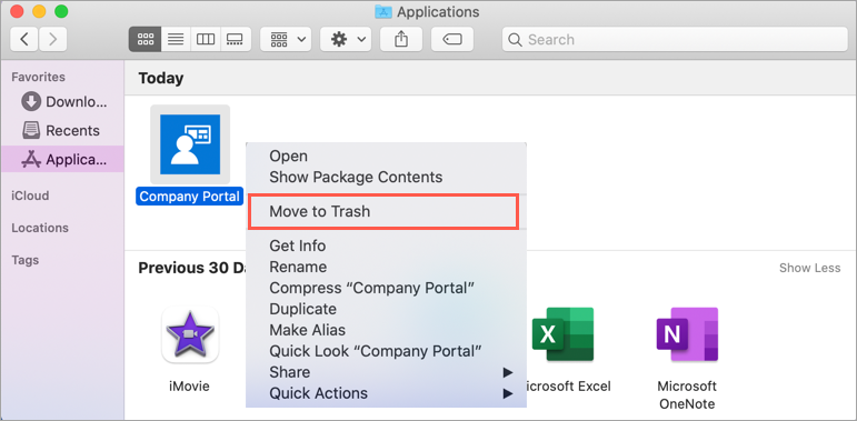 Exemple de capture d’écran de macOS Finder, dossier Applications, Portail d'entreprise application, mettant en évidence l’option « Déplacer vers la Corbeille » dans le menu de l’application.