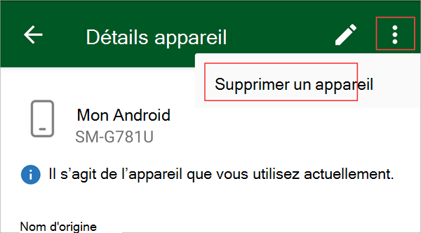 Capture d’écran de l’application Portail d’entreprise, mettant en évidence le bouton de menu et l’option « Supprimer l’appareil ».