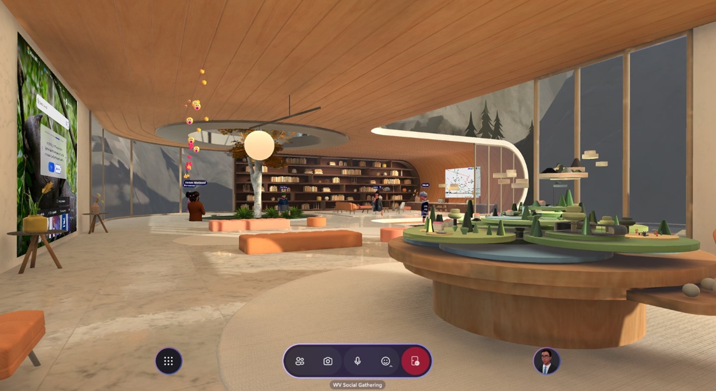 Image de l’environnement 3D créé avec des libarries et une table pour la collaboration.