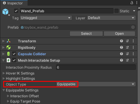 Capture d’écran du type d’un objet dans son composant Mesh Interactabe Setup.