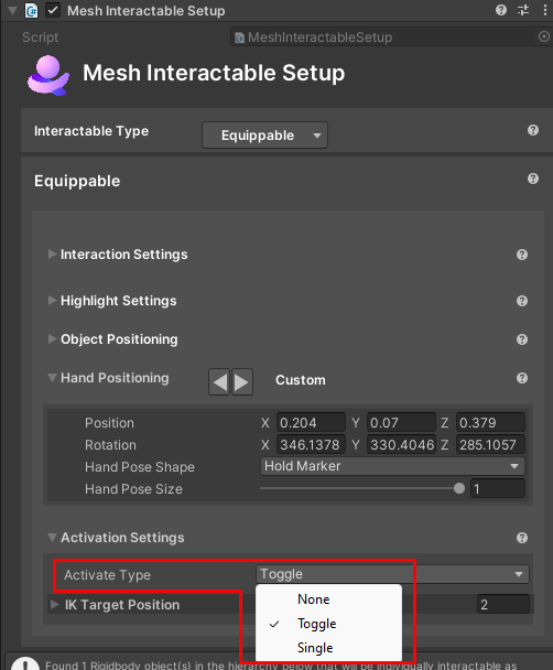 Capture d’écran du type d’activation d’un objet dans son composant Mesh Interactabe Setup.