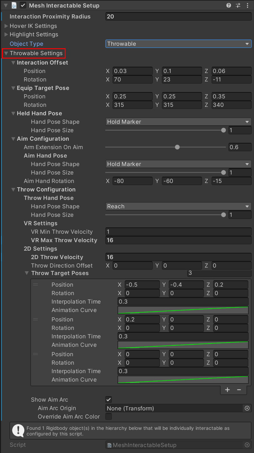 Capture d’écran du composant Mesh Interactable Setup avec les paramètres lèveables affichés.