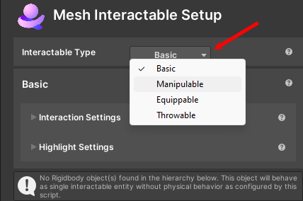 Capture d’écran des options de menu Type d’objet dans le composant Corps interagissant mesh.