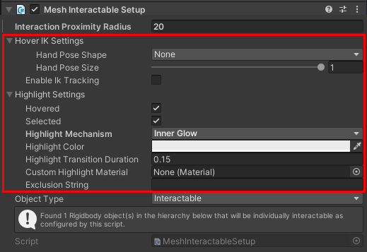 Capture d’écran d’un composant Mesh Interactable Setup avec les propriétés communes à tous les types d’objets mis en surbrillance.