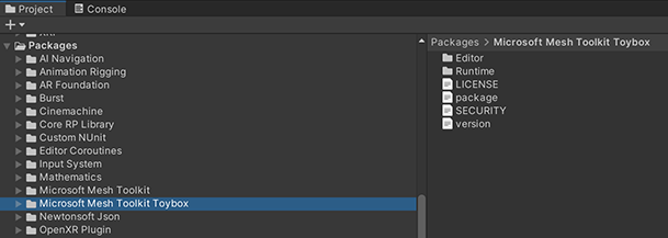 Capture d’écran du package Toybox dans le projet Unity.