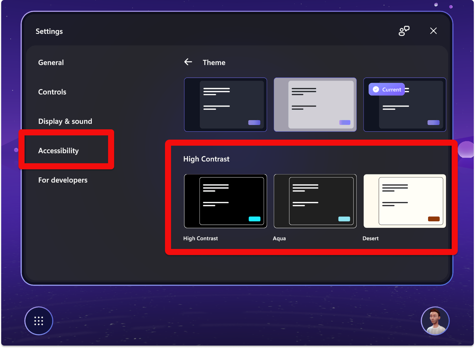 Capture d’écran des fonctionnalités d’accessibilité à contraste élevé dans Microsoft Mesh.