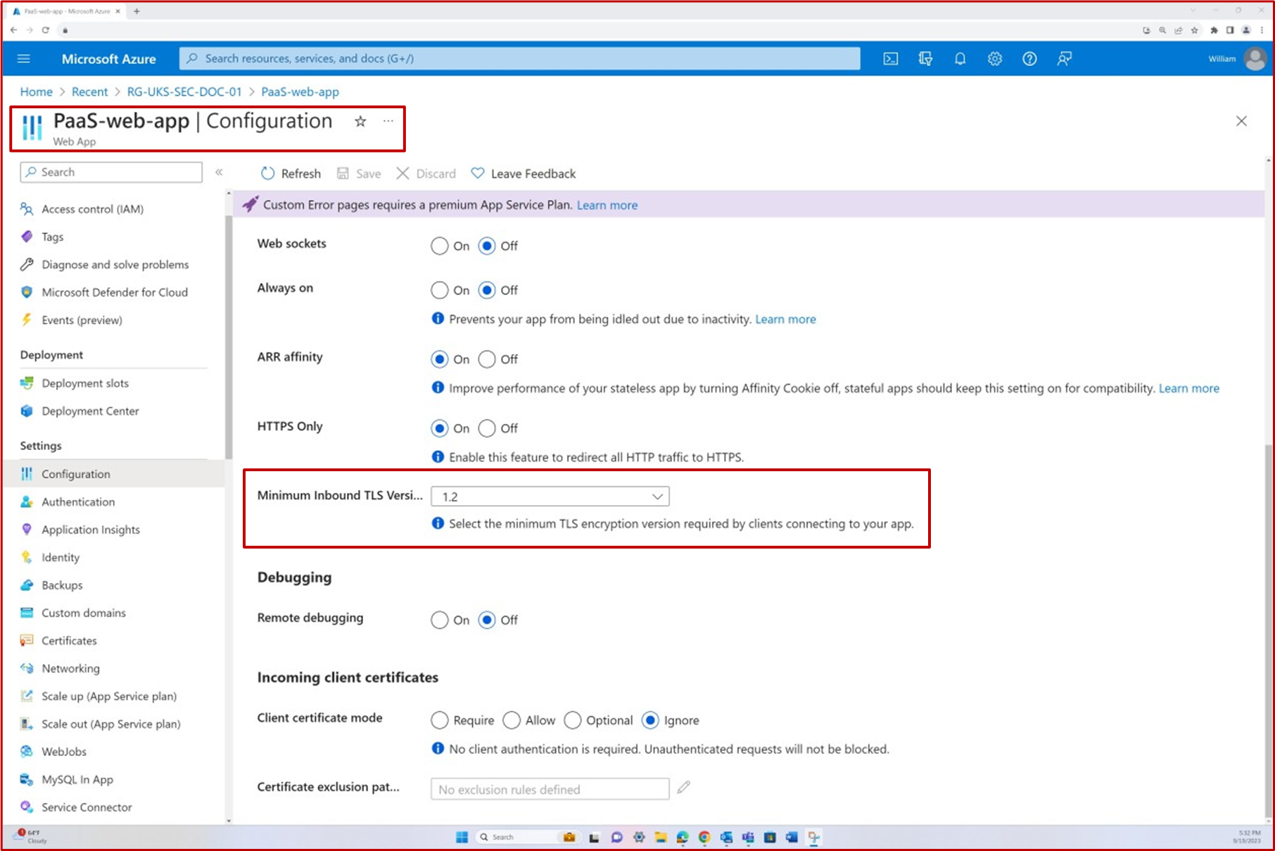 Azure paramètres de configuration d’application web avec la version TLS minimale mise en surbrillance