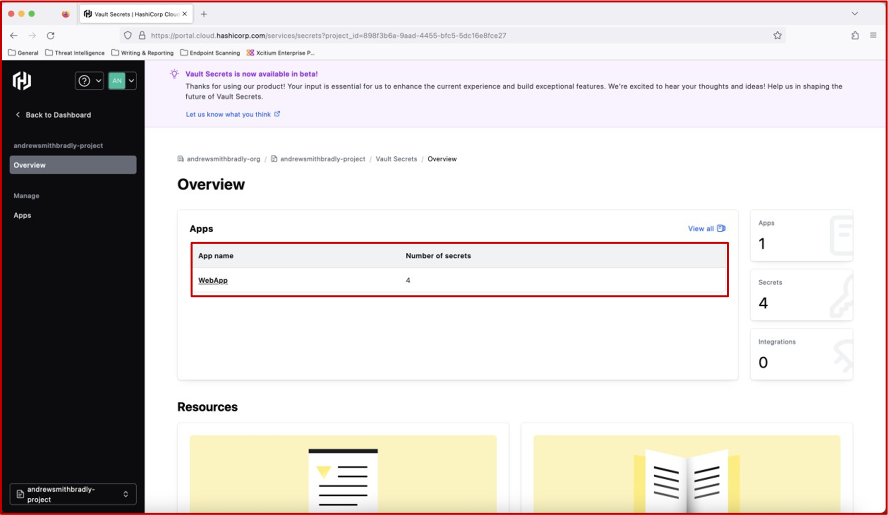 Tableau de bord de vue d’ensemble des coffres Hashicorp.