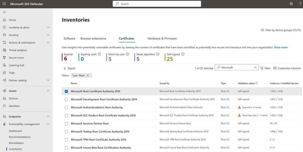 Microsoft Defender page inventaires.