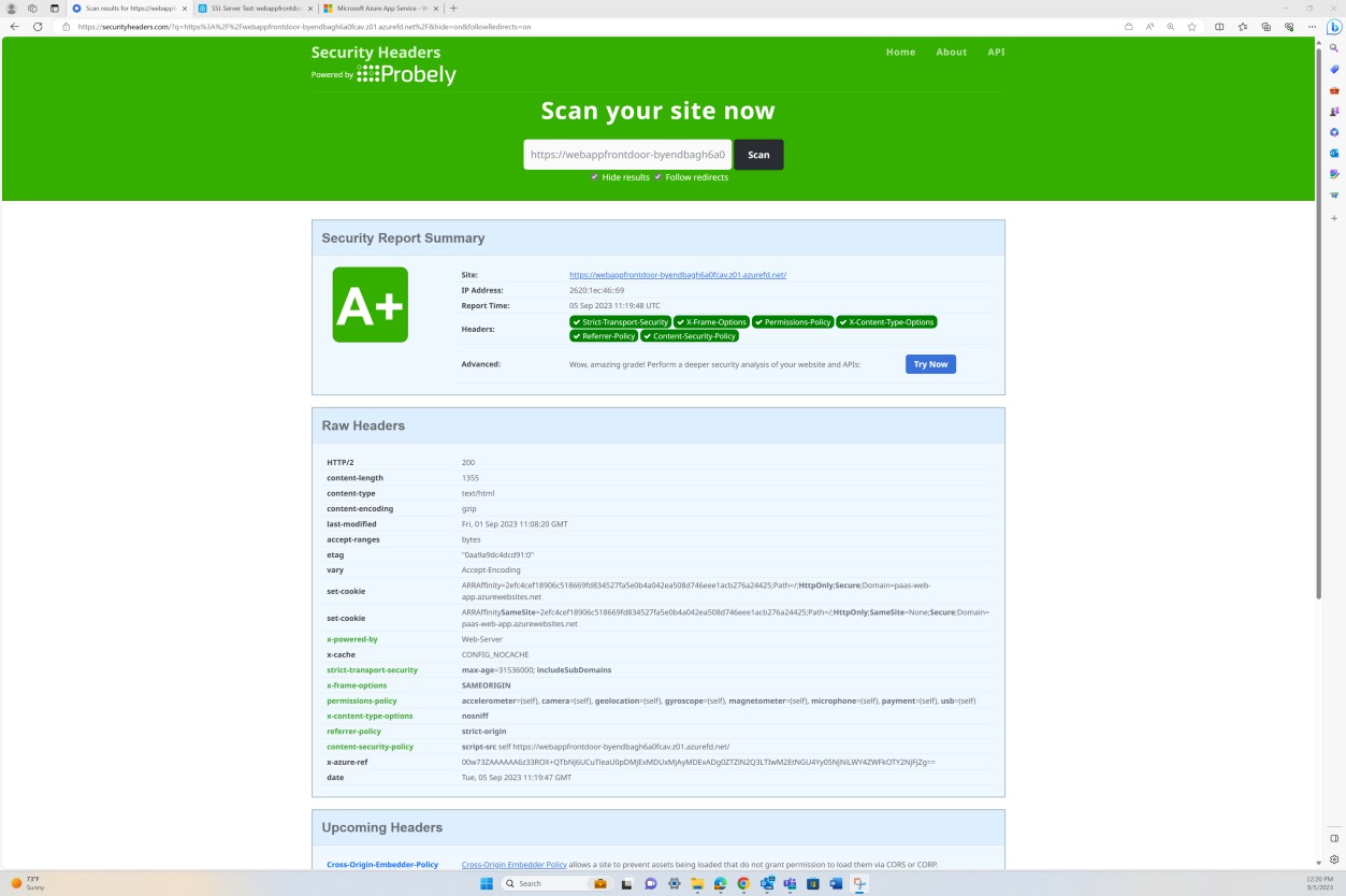 Analyse des en-têtes récapitulatives du rapport de sécurité montrant un score A+.