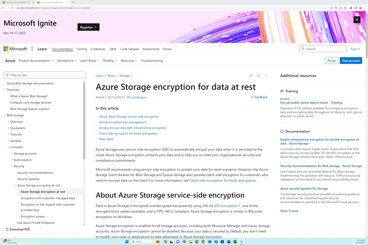 Microsoft learn Azure document sur le chiffrement du stockage pour les données au repos.